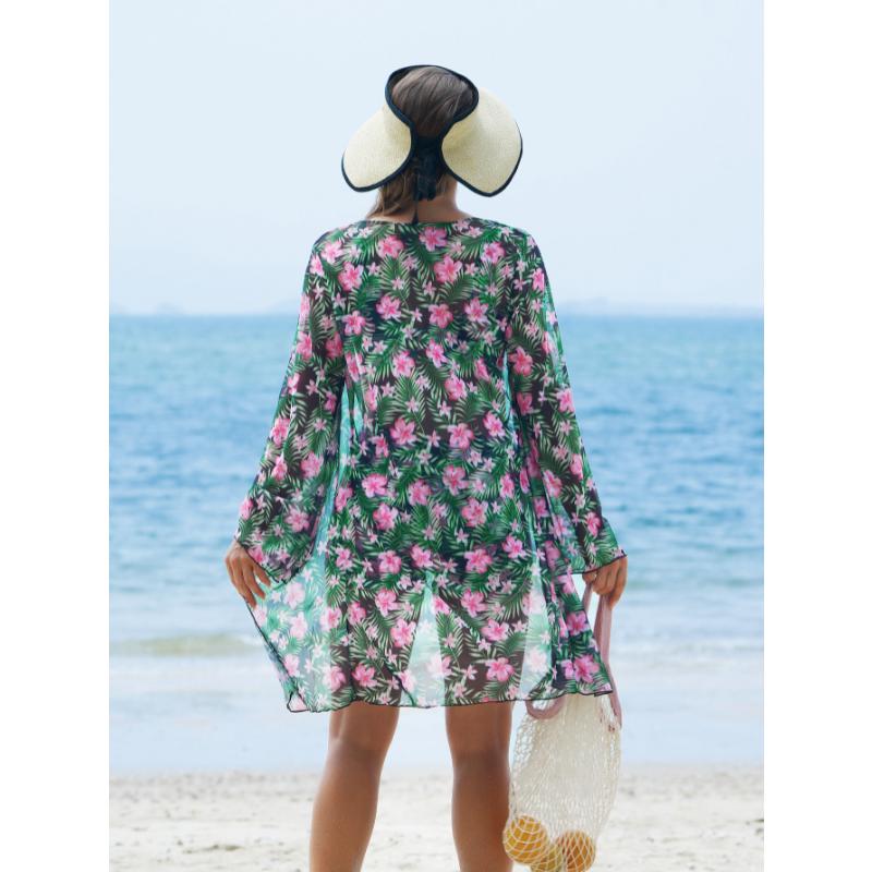 3 Piece Tropical Floral Print Bikini Set V Neck Boy Shorts Long Sleeve Sheer Cover Up Sexy Push Up Beach Vacation Bathing Suit