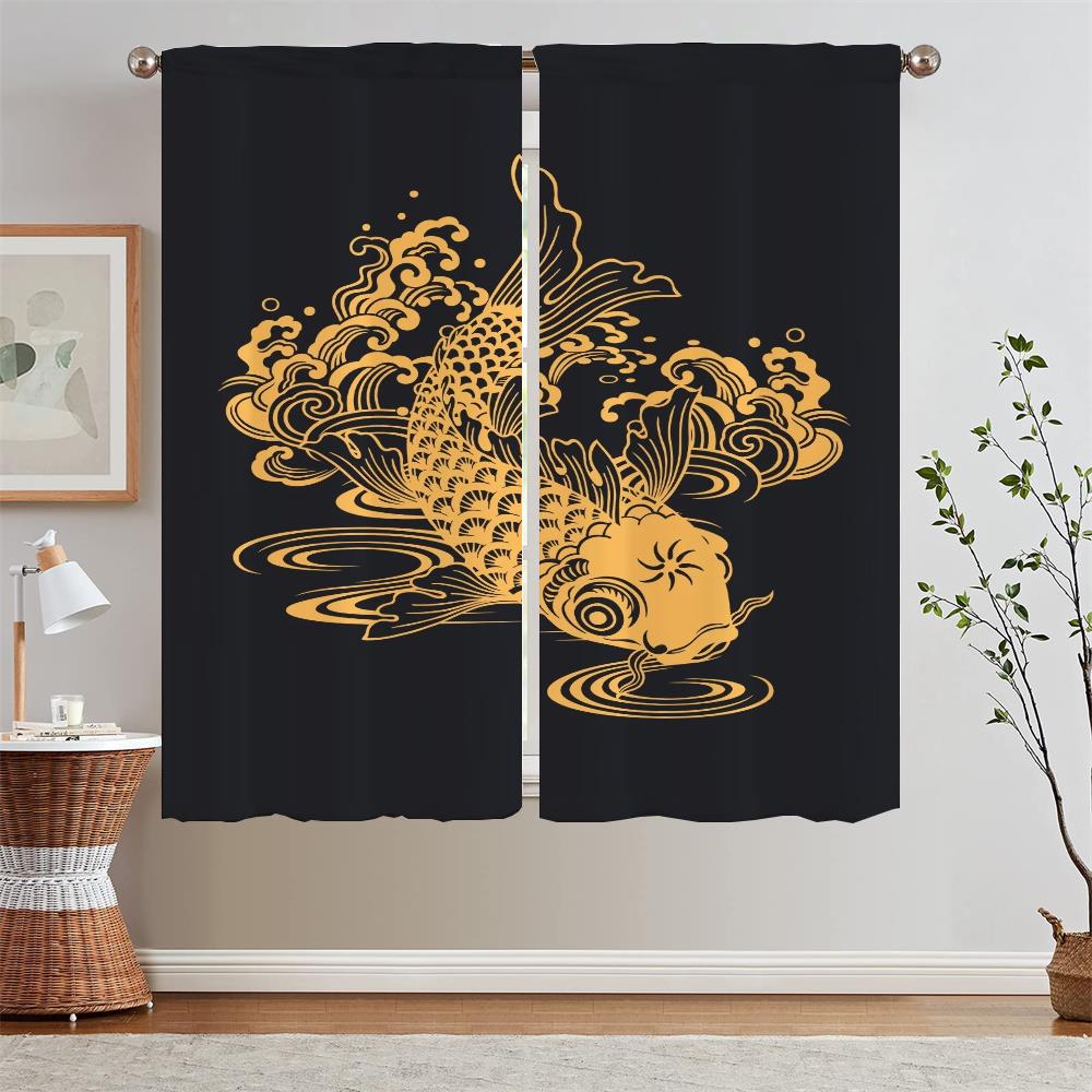 Chinese Style Koi Short Window Curtains for Living Room Bedroom Decoration Black Out Curtains 2 Pcs Set Chiffon Curtain Tiebacks