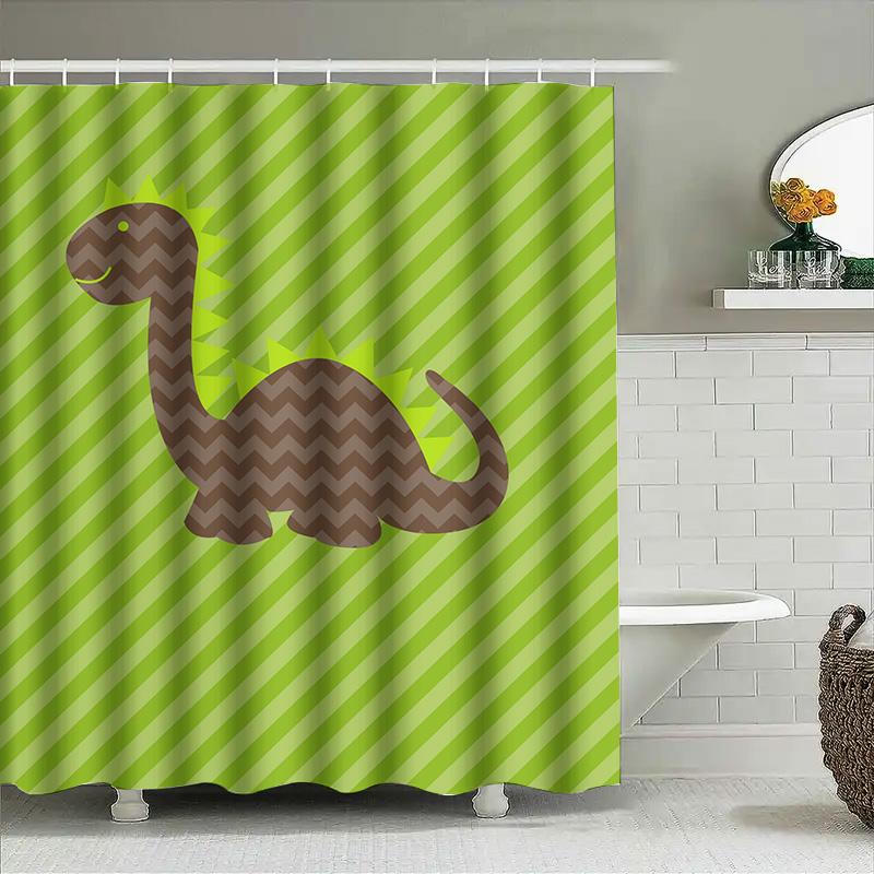 Kids Dinosaur Shower Curtain Green Brown Striped Pattern Waterproof Fabric Perfect For Bathroom Decor