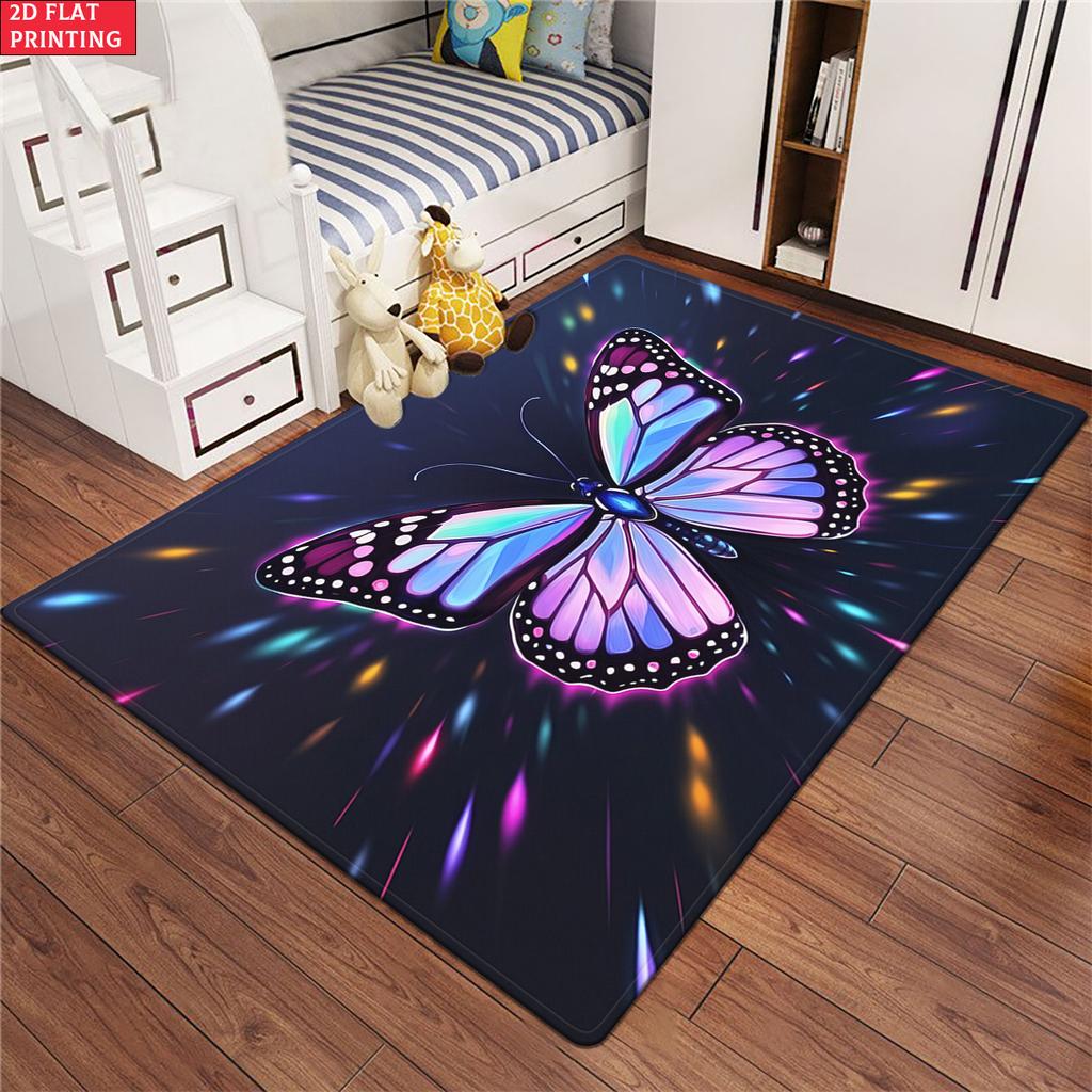 Glow Butterfly Floral Area Rug,Non-Slip Soft Carpet for Living Room Bedroom,Cute Cartoon Decorative Floor Mat for Kids Room