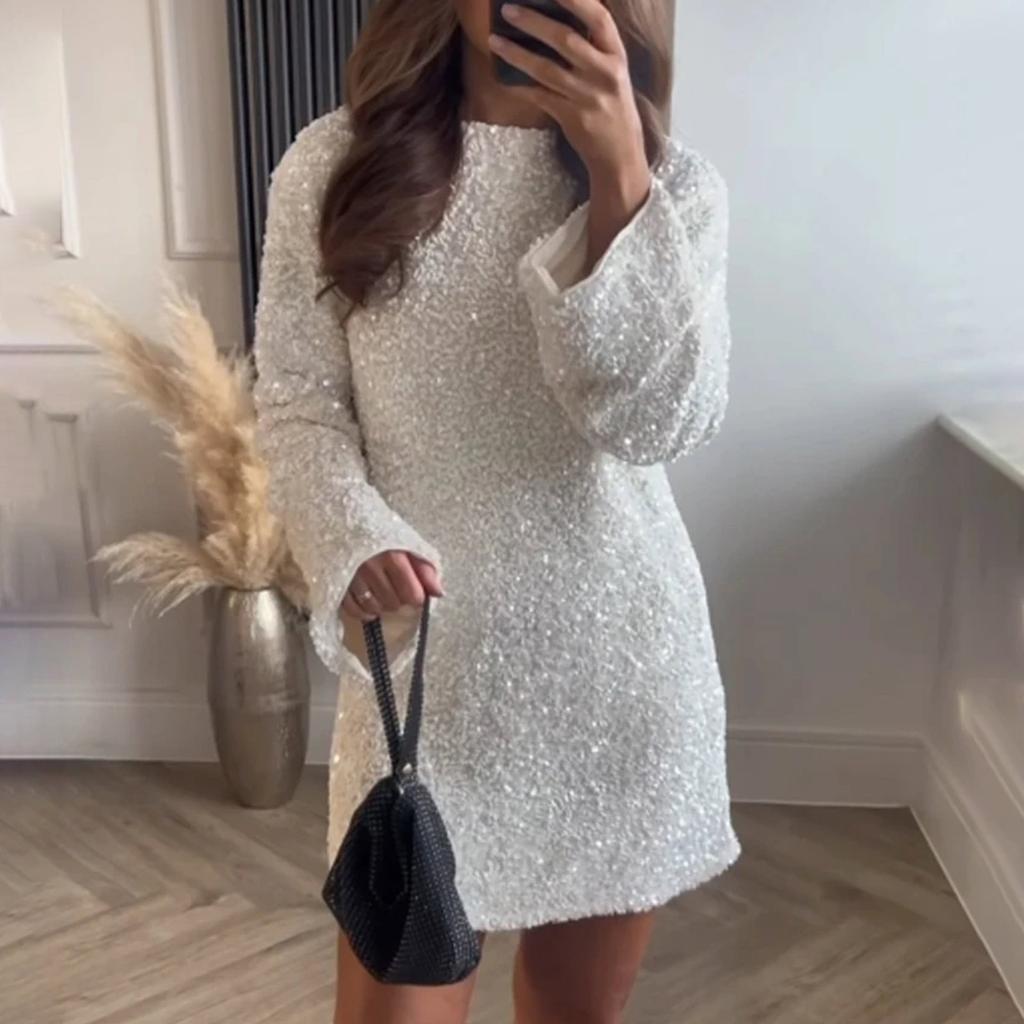 Women's Round Neck Long Sleeve Sparkling Sequin Dress Backless Bow Sexy and Cute Party Dress