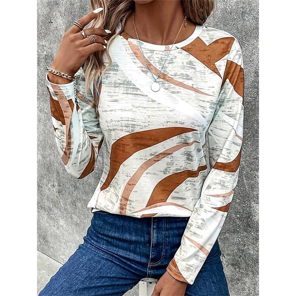 New Women's Autumn Long-Sleeve T-Shirt Stylish Color-Block Print Crew Neck Casual Yet Comfortable Style Perfect for Commuting