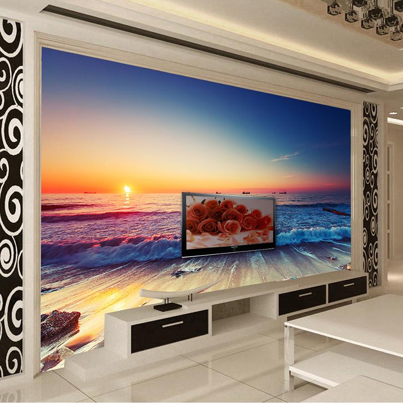 Romantisk Seaside Beach Tapet Solnedgång Landskap 3D Stereo Väggmålning Vardagsrum Matsal Bakgrund Väggmålningar Heminredning
