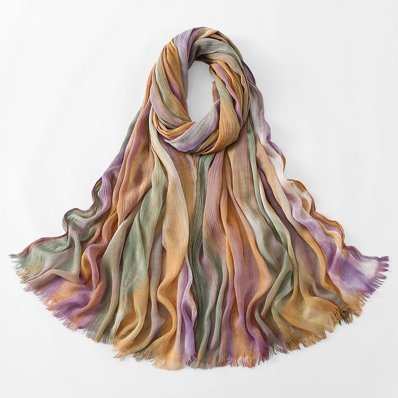 Bohemian Women Tie-Dyed Ombre Crinkle Cotton Rayon Hijab for Ramadan Soft Muslim Hijabs Scarf Breathable Islamic Wraps Shawls
