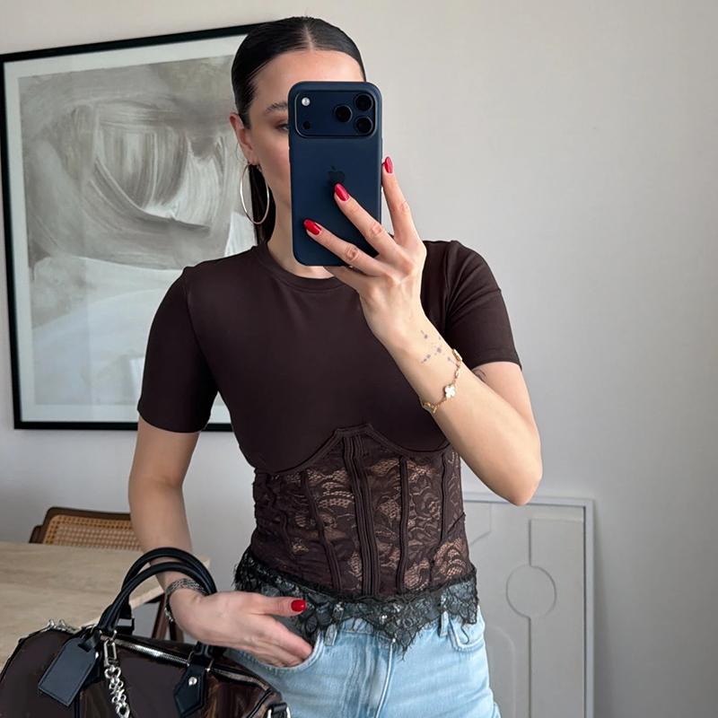 Black Lace Fish-bone Shirts For Women 2026 Spring Summer Chic Short Sleeve O-neck Blouse Lady Street Y2K Tops