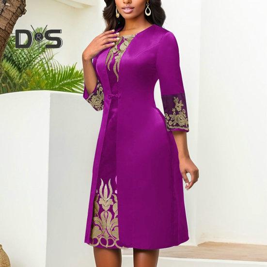 Frauen Retro Taille Eng Slim Fit Kleid O Neck 3/4 Hülse Stickerei Floral Spitze Nähte Kleid Kleid Streetwear