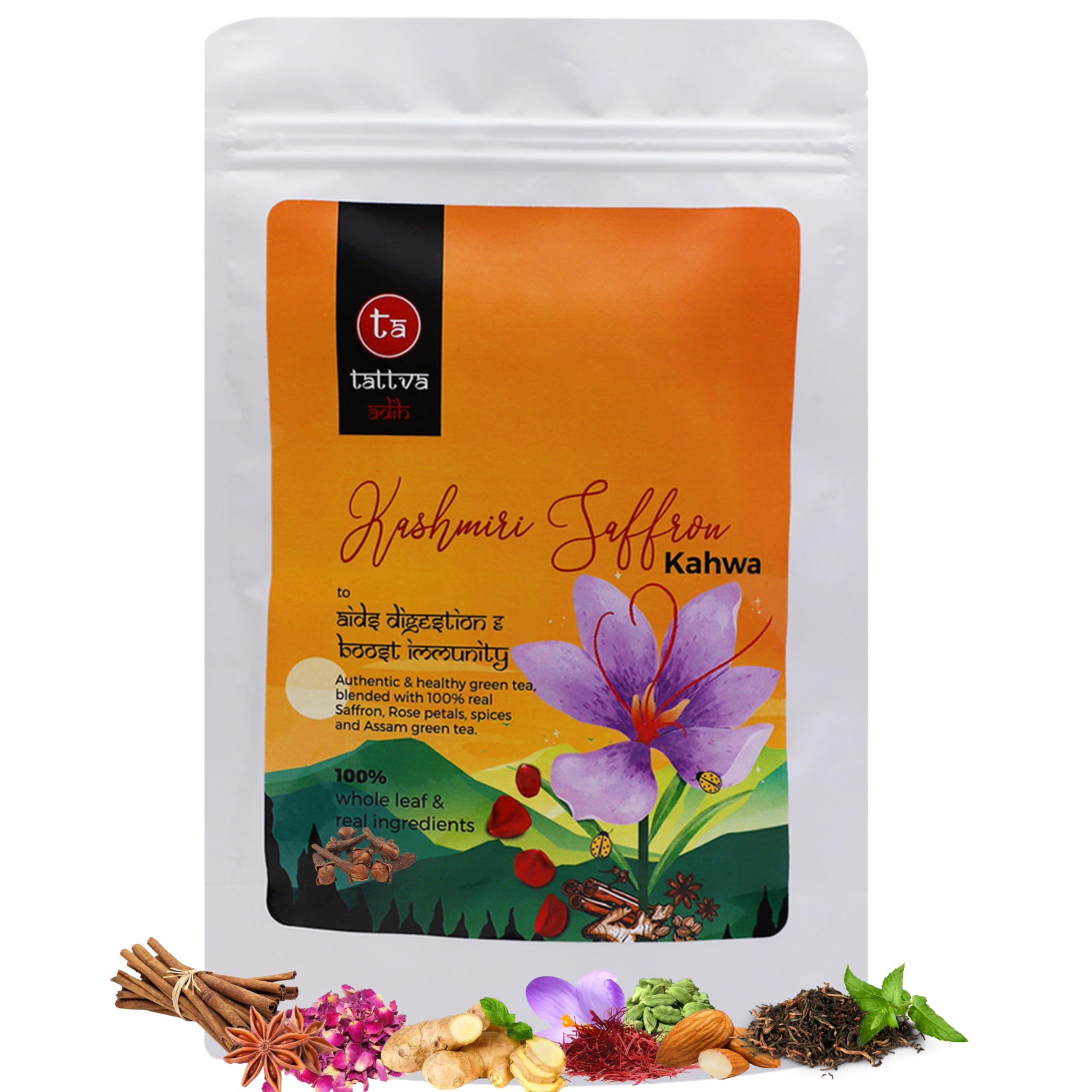 

Tattva Adih Kashmiri Saffron Kahwa Green Tea | Traditional Kashmiri Kahwa Blend with Natural Ingredients | Aromatic Herbal Green Tea | 100g Ziplo