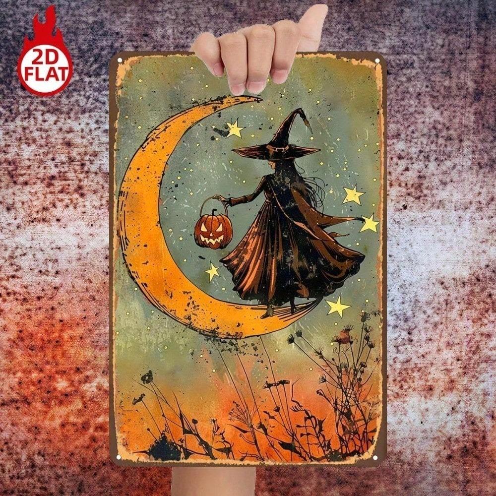 1pc Witch On Crescent Moon Pumpkin Lantern Metal Sign 8x12 Inch 2D Flat Wall Decor For Home Bar G