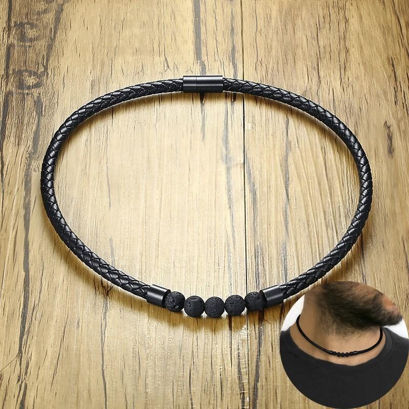 Choker Necklace Men's, Lava Rock Braided Leather Necklaces, Men Boho Hippie Jewelry ,Oil Diffuser Surf Necklaces in Black
