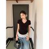Special Korean pure desire V-neck lace splicing hem pleats waist pinch short-sleeved T-shirt women