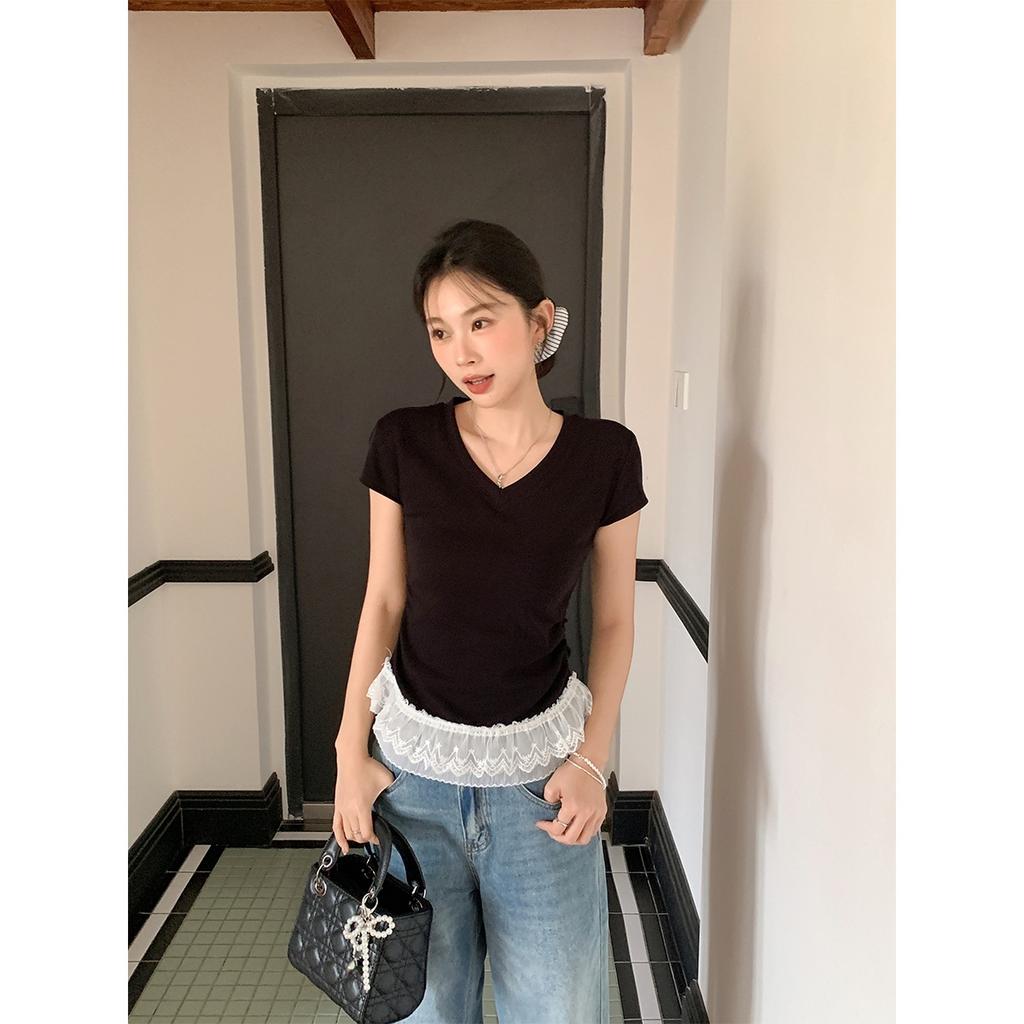Special Korean pure desire V-neck lace splicing hem pleats waist pinch short-sleeved T-shirt women
