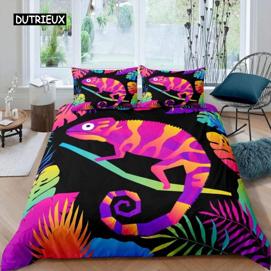 Chameleon Duvet Cover Set 3D Wild Animal Theme Twin Bedding Set Wildlife Comforter Cover Boys Green Leaf Polyester Quilt Cover