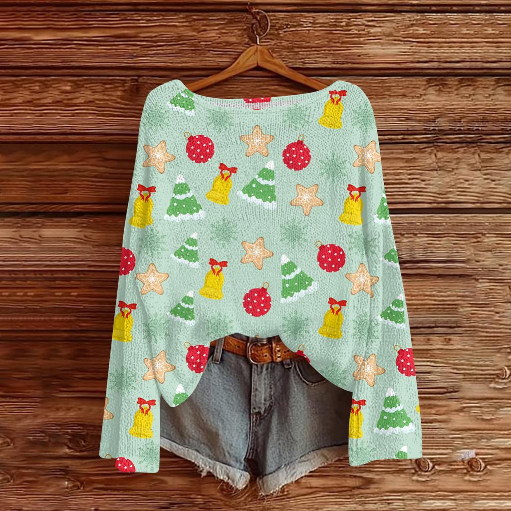 Women's Fashionable Oversized Knitwear Long-Sleeved Christmas Print Top