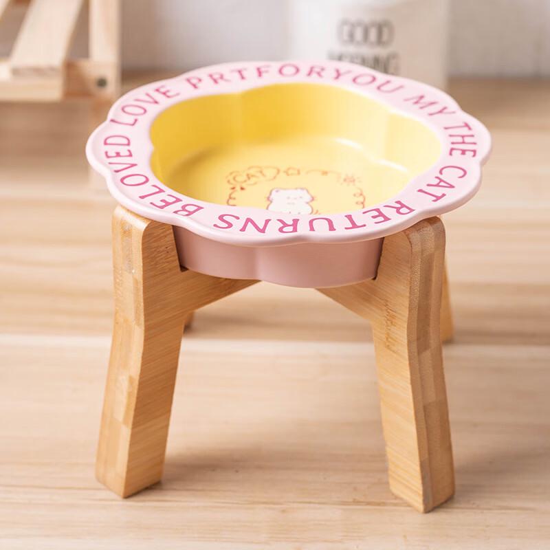 Anti-Black Chin Ceramic Pet Food Bowl with Elevated Wooden Stand
