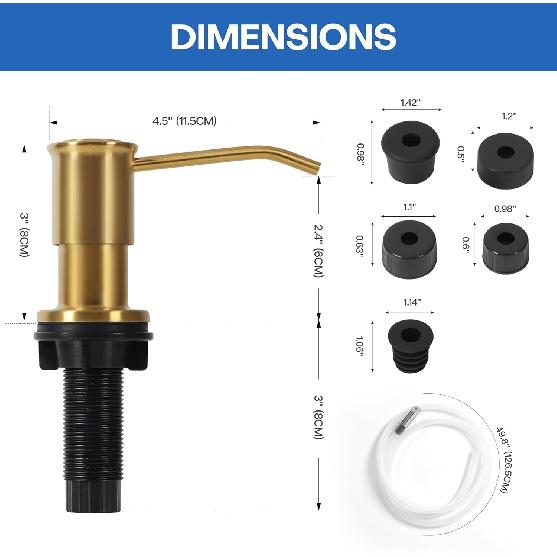 Soap Dispenser for Kitchen Sink, Brushed Gold Built In Soap Dispensers, Stainless Steel Sink Soap Dispenser or Lotion Dispenser Pump with 47"