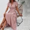 Boho Flowy Summer Floral Maxi Dress for Women V Neck Short Sleeve Wrap Beach Dress Casual Long Dress with Ruffle Hem and Split