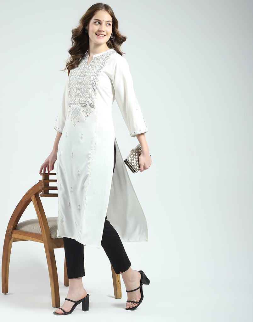 MONTE CARLO Women's Regular Fit Self Designed Round Neck 3/4 Sleeve Kurti