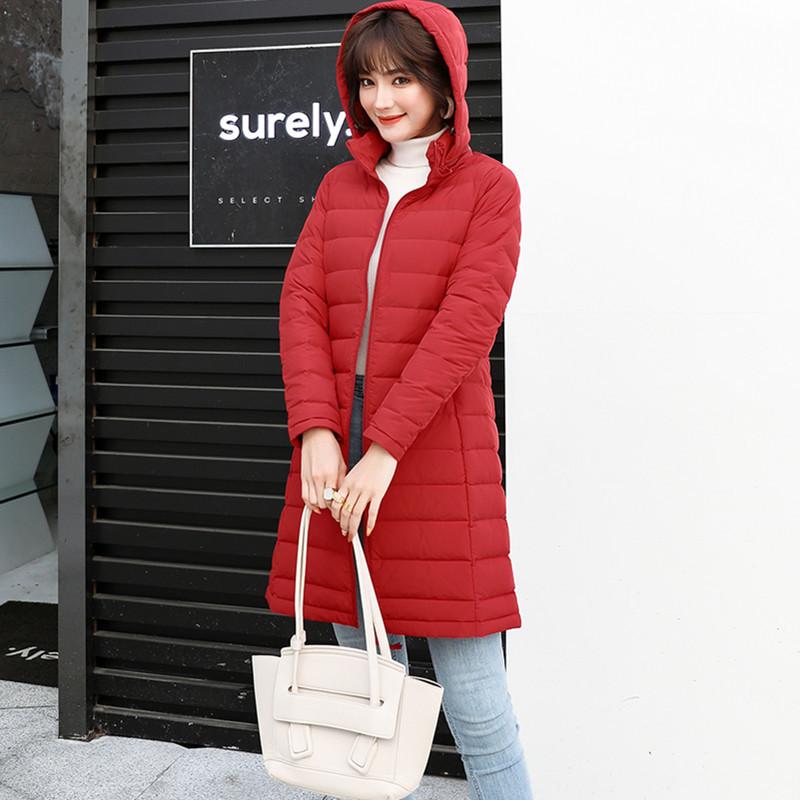 

High-end seamless new light down jacket medium and long women s fashion slim hooded jacket autumn and winter tide S красный