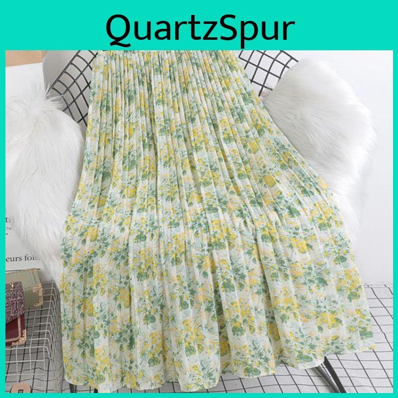 Floral Long Summer Skirt Women Elastic High Waist Dress Female Double Layers Pleated Skirt