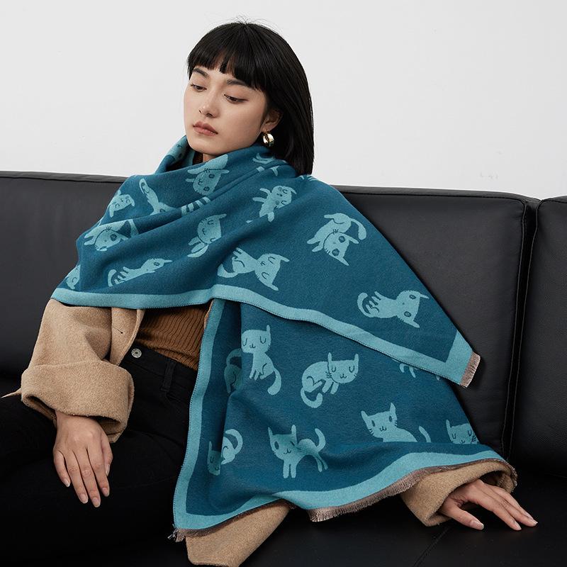 Winter Imitation Cashmere Warm Scarf Female Cute Wind Cartoon Kitten Air Conditioner Decoration Thick Shawl Long Scarf