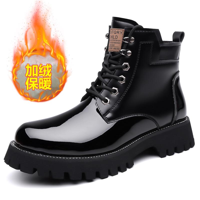 High end Shiny Genuine Leather Men's Boots Winter Platform Ankle Boots Men High-top Motorcycle Boots Fashion Flat Designer Shoes