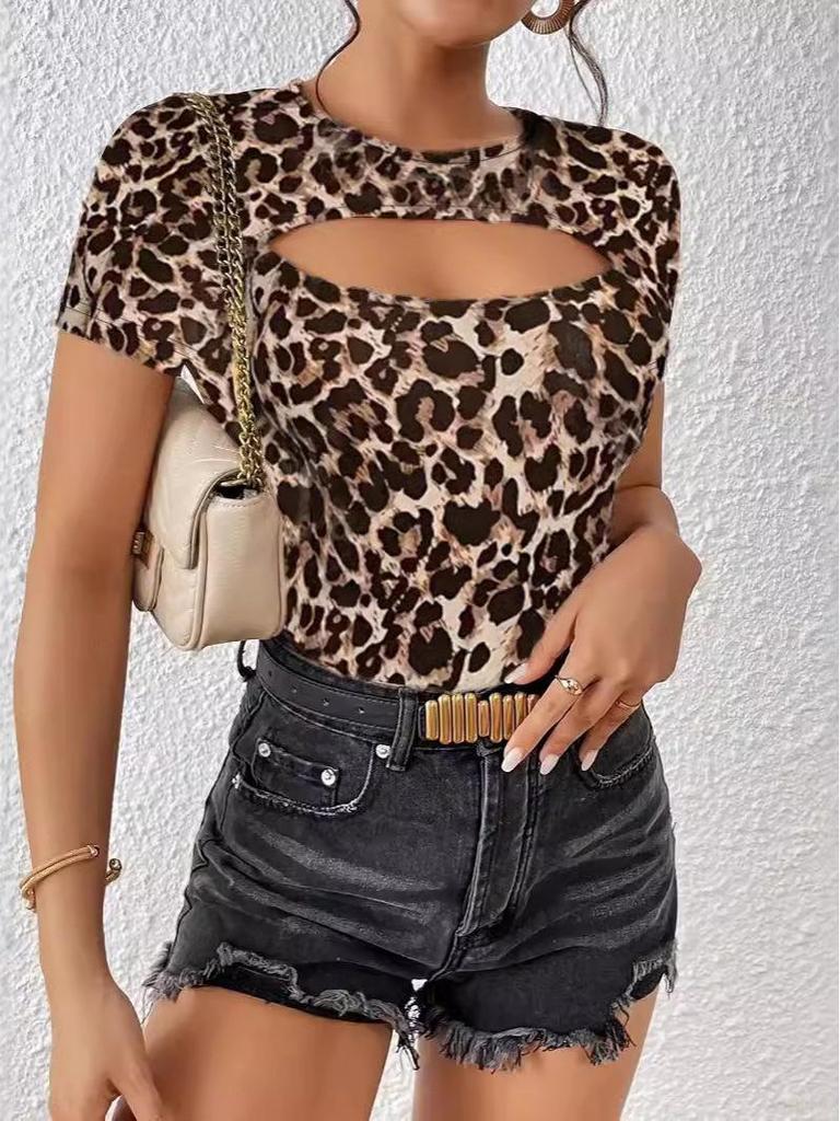 European & American Women's Summer Leopard Print Round Neck Short Sleeve T-shirt