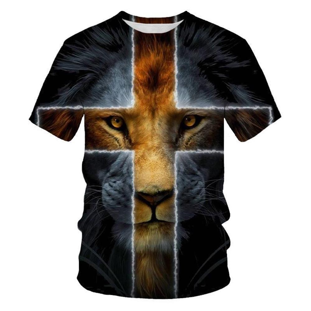 Cross Lion Pattern 3D Printed T-shirt Personalized Christian Art Round Neck Clothing Summer Fashion Creative Design Short Sleeved Tops