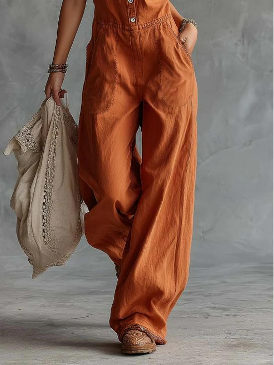 European & American Casual V-neck Buttoned Sleeveless Linen Jumpsuit