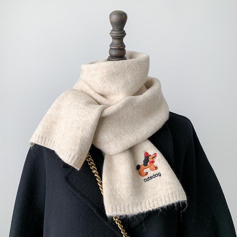 

Korean Style Puppy Embroidered Wool Scarf - Warm Knit Neck Warmer for Women & Students, Autumn Winter Cold Protection, Christmas Gift 155 cm