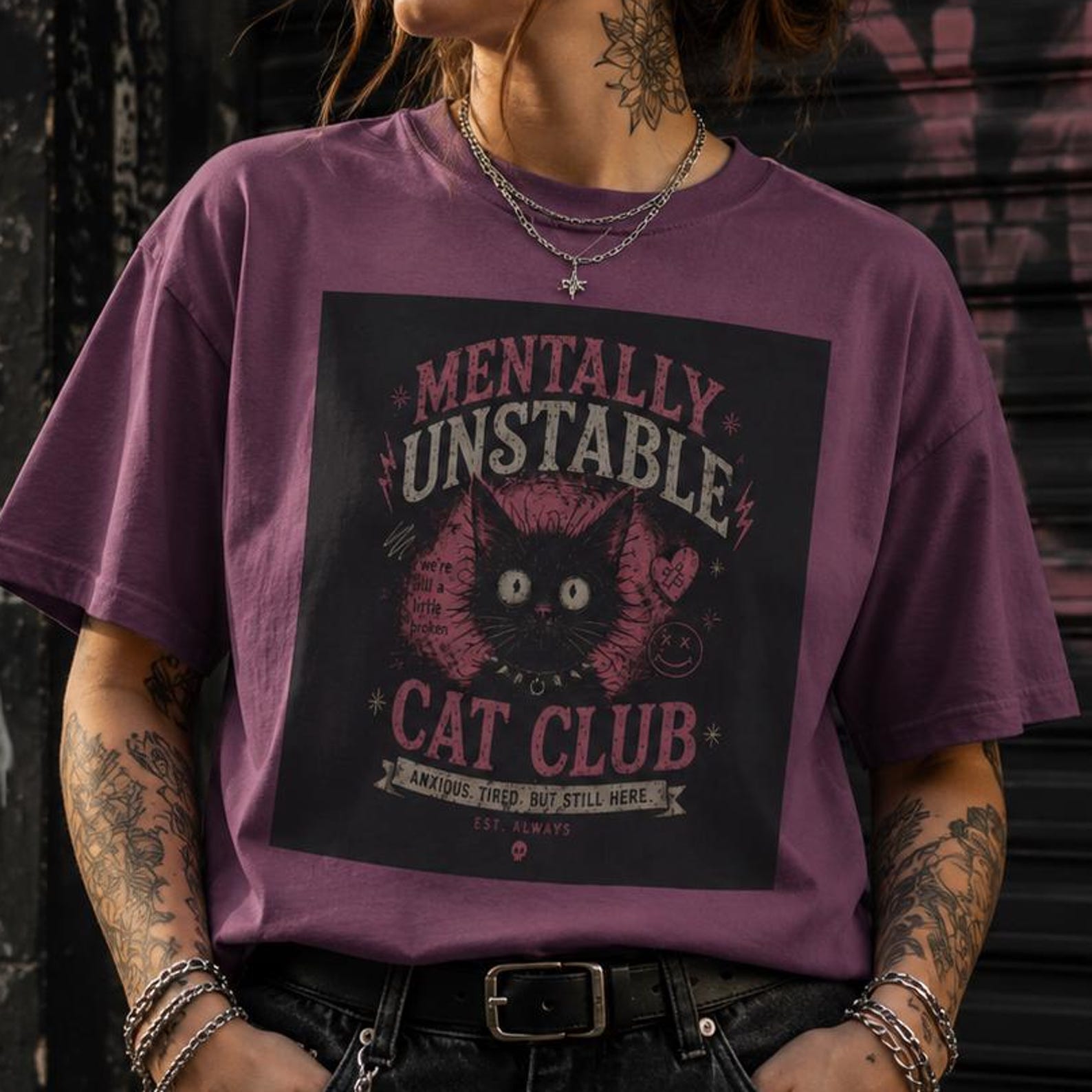 Funny Mentally Unstable Cat Club Shirt, Vintage Black Cat Graphic Tee, Emo Cat Meme T-Shirt, Retro Washed Comfort Colors Shirt S