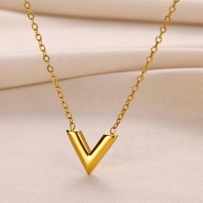 Classic Gold Color Initial V Letter Pendant Necklace For Women Stainless Steel V Shape Necklace Ladies Jewelry Collar Gift