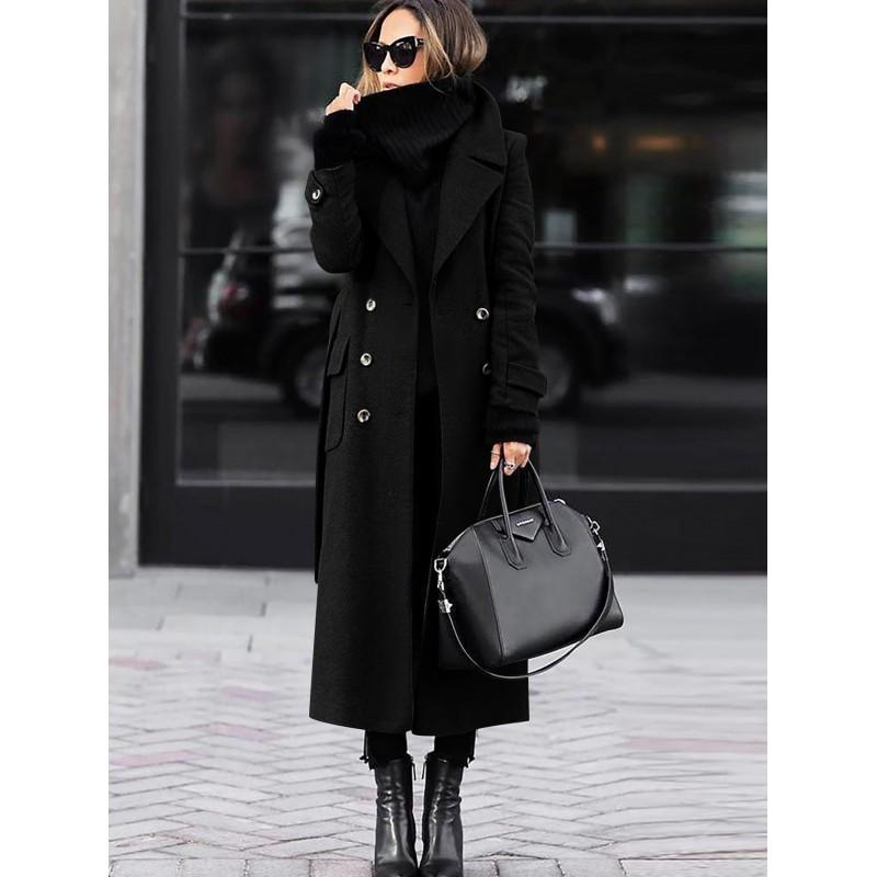 Womens Wool Blend Long Coat With Belt Solid Color Straight Cut Winter Outerwear Office Daily Wear