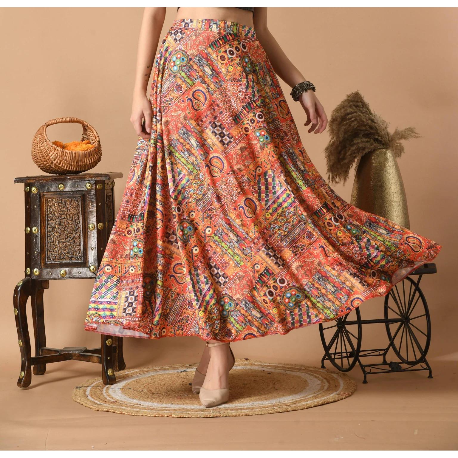 Jaipuri Printed Ethnic Flared Skirt Indian Bollywood Casual Wear Skirt Dress M