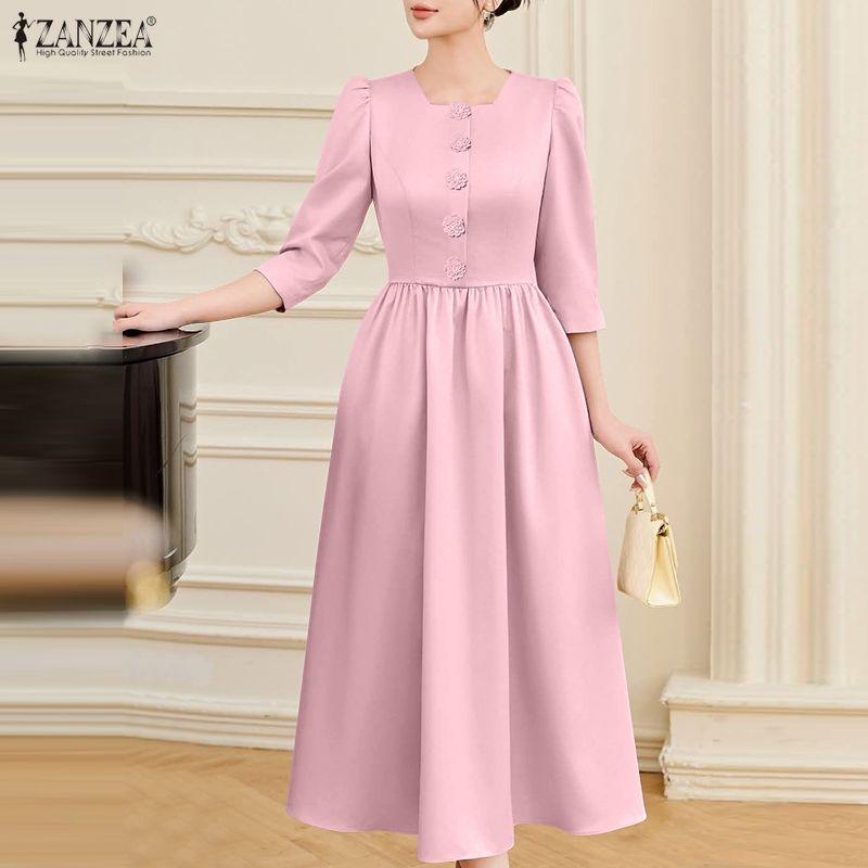 ZANZEA Women Casual Square Collar 3/4 Sleeve Long Dress
