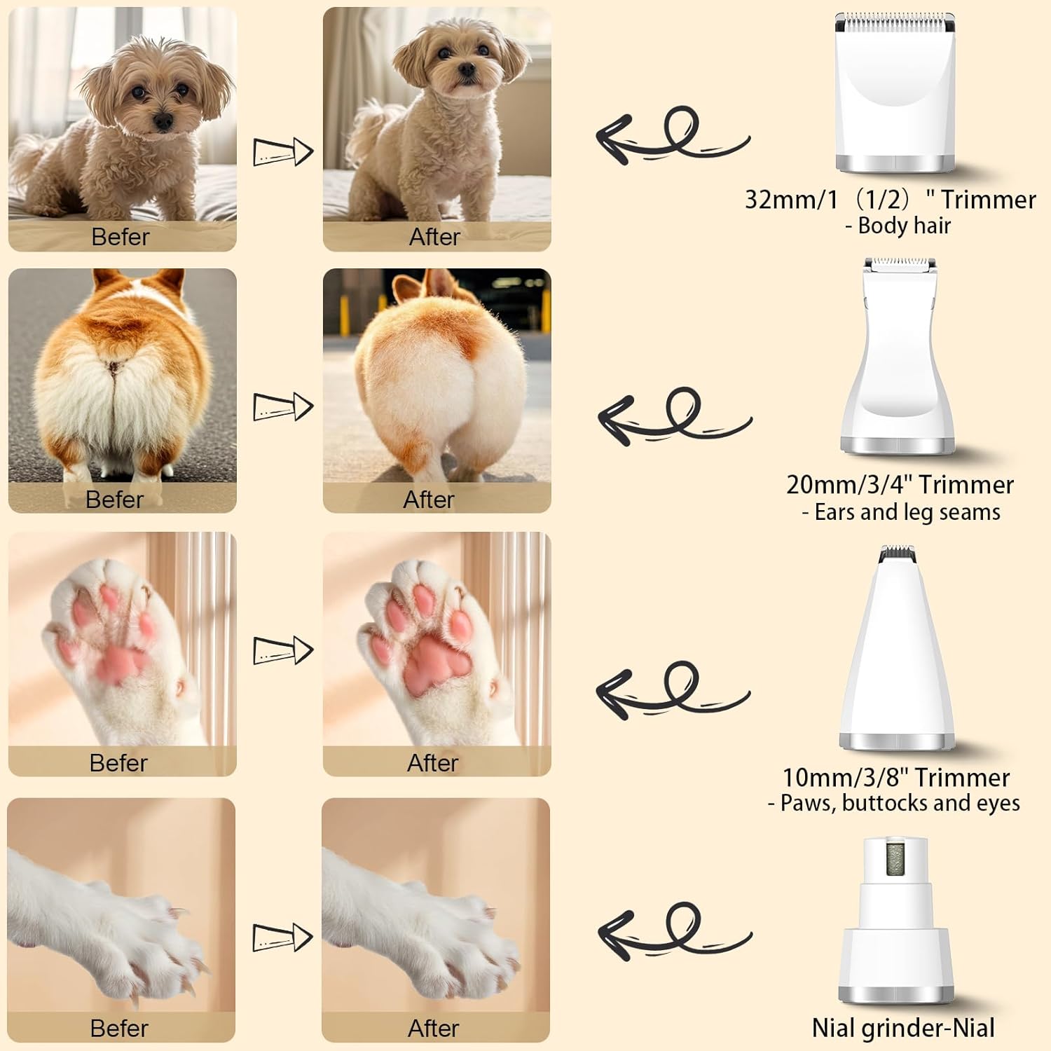 

virtulance Машинки для стрижки собак Набор для груминга, 4 в 1 Беспроводной триммер для шерсти собак Набор для груминга питомцев Низкий уровень шума, Водонепроницаемый и моющийся, Перезаряжаемый триммер для питомцев