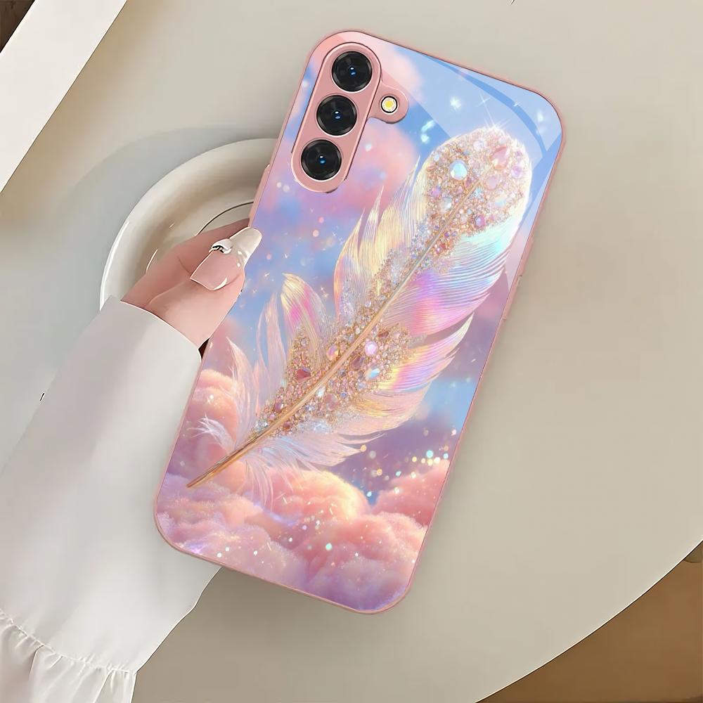 Rosa Feder gehärtetes Glas Handyhülle geeignet für Samsung Galaxy S26 S25 S24 S23 S22 S20 FE/Ultra/Plus stoßfeste Rückabdeckung