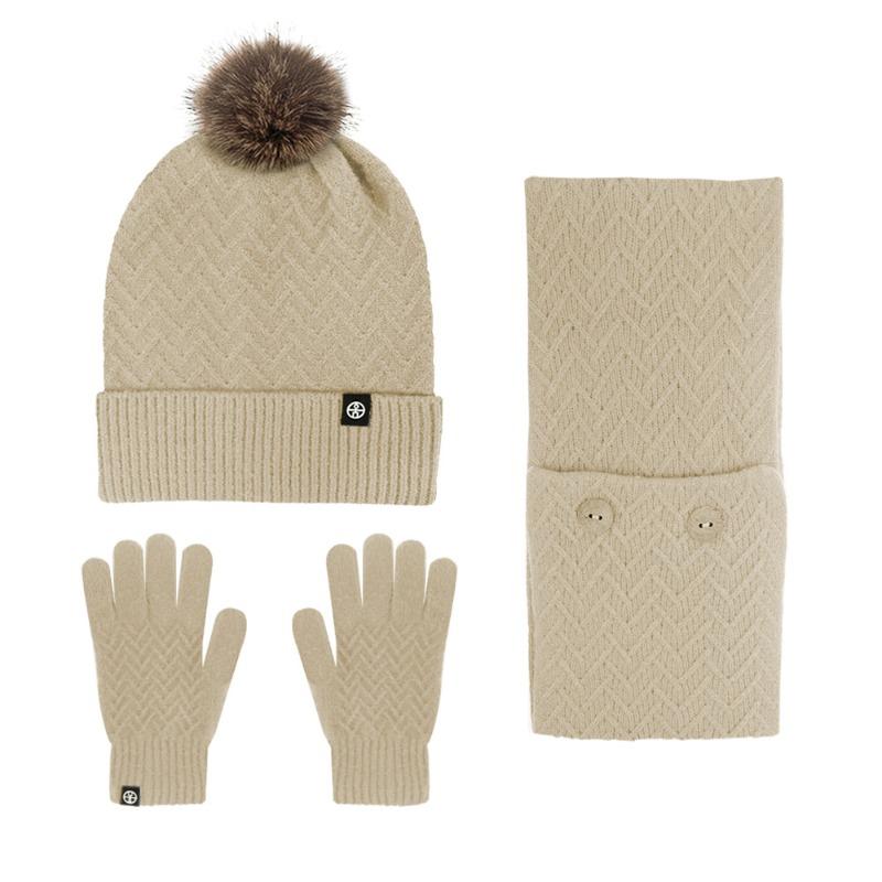 Autumn and winter outdoor cold-proof hairball knitted hat, scarf, gloves three-piece set, warm stack hat three-piece set