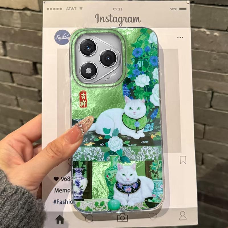 Green Creative Flower Vase Cat Women Phone Case For Iphone 17 Air 16 16e 17e 15 Plus 14 13 12 11 Pro Max Protective Fundas Cover