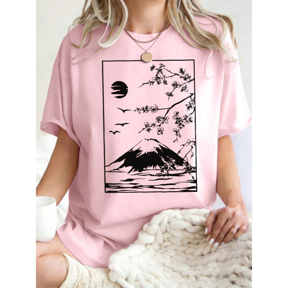 Cherry Blossoms In Mount Fuji Print Women T Shirts Summer Hip Hop Short Sleeve Cotton Y2K Oversized Clothes T-Shirt