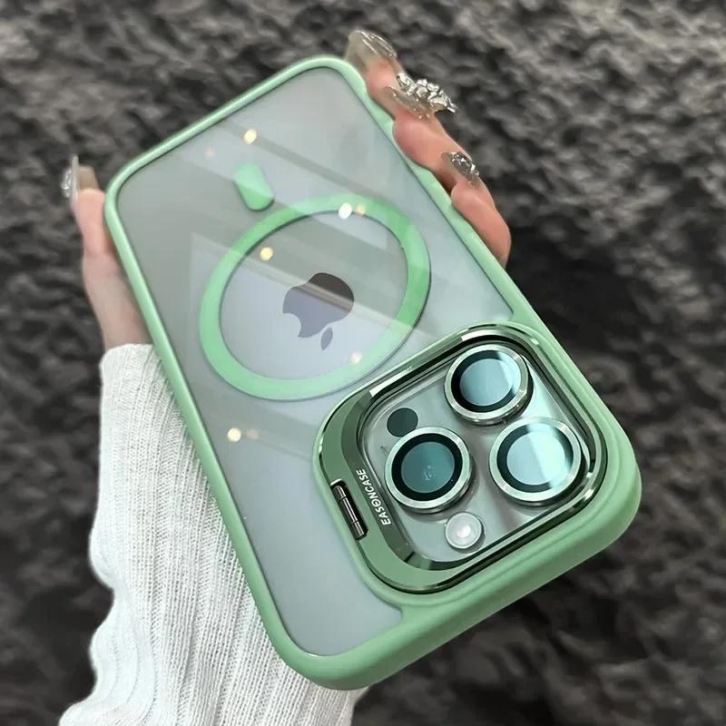 Magnetic Shockproof Phone Case For iPhone 16 16e 15 14 13 12 11 Pro Max For Magsafe Stand Glass Lens Protector Back Cover Funda