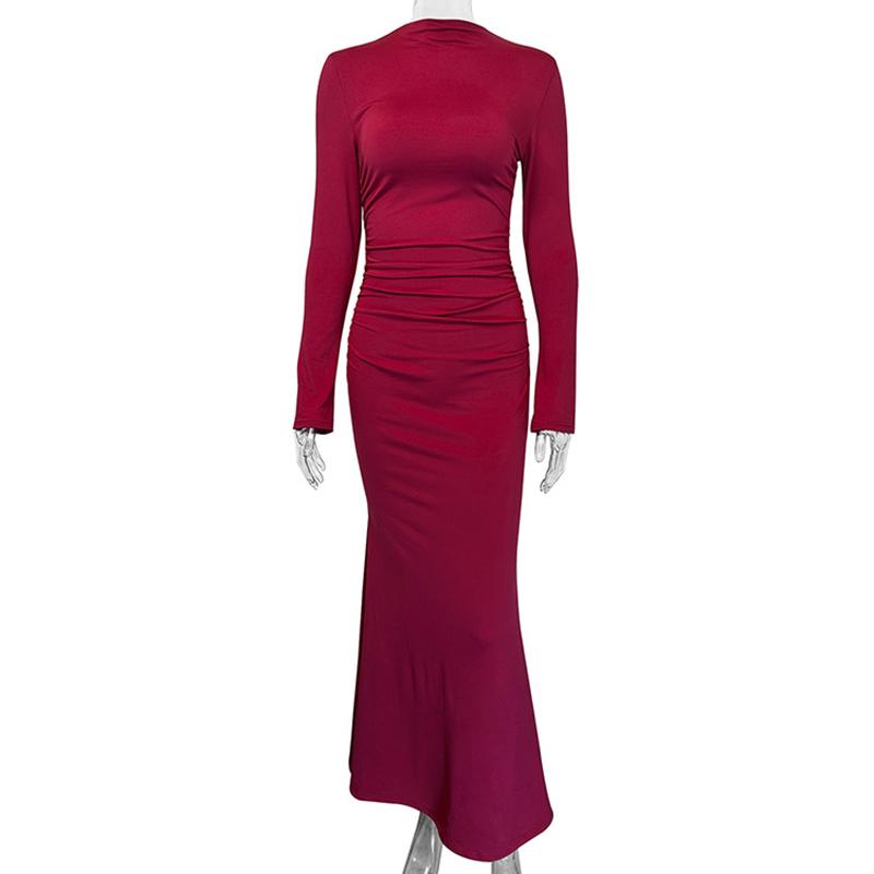 Sexy Slim Crew Neck Dress Women Autumn Elegant Solid Long Sleeve Package Hip Dresses