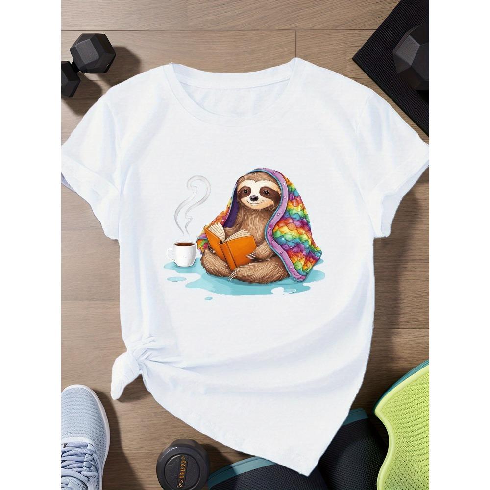 Sloth with Rainbow Quilt Print Women's Short Sleeve T-Shirt Harajuku Sleeve Casual Clothing Street Tops Clothes