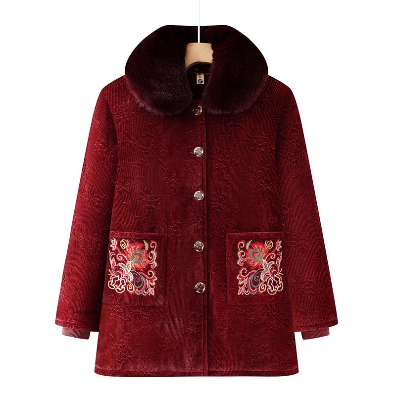 Winter Velvet-Lined Cotton Jacket with Fur Collar for Middle-Aged and Elderly Women – Embroidered Pockets