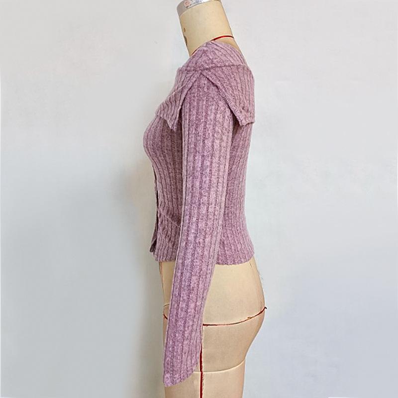 Spring Women's Square Neck Long Sleeve Solid Color Knit Single Breasted Blouse