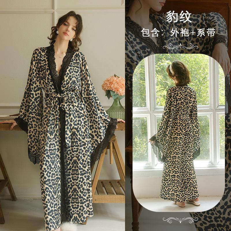 Leopard print lace edge long fashion casual loose nightgown women s sexy lace-up waist loungewear S