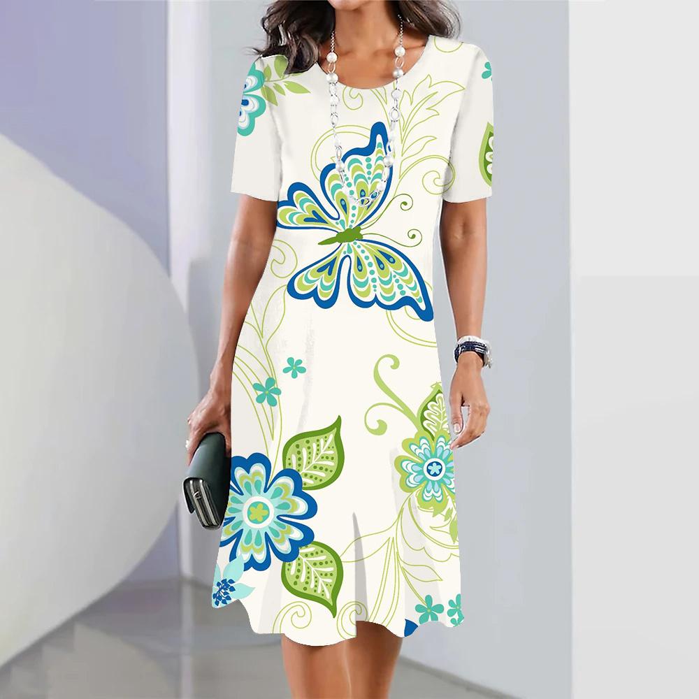 Damen Sommerkleid Kurzarm Blau Floral 3D-Druck Rundhalsausschnitt Mode Partykleid