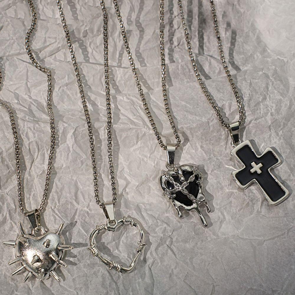 4PCS Gothic Style Thorn Love Necklace Set Personality Crucifix Pendant Chain  Church
