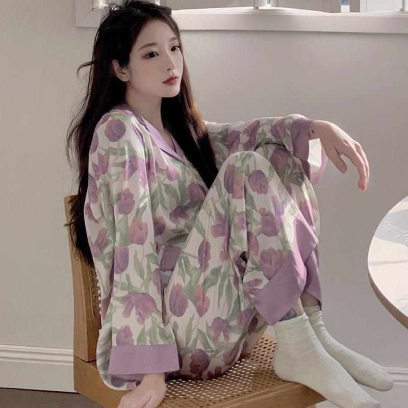 Summer High-End Green Fashion Lapel Pajamas Women'S Long-Sleeved Trousers Plant Flower Loungewear Set