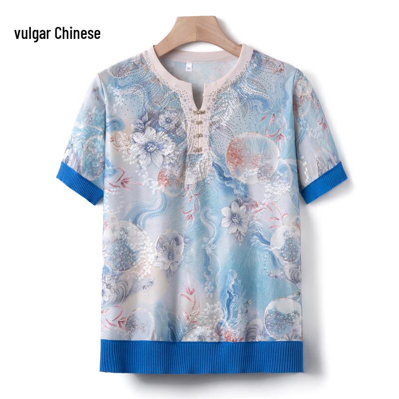 

Women s Summer Floral Ice Silk Knit Short Sleeve Top 2XL