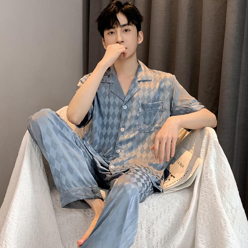 Cool satin jacquard pajamas men's summer ice silk short-sleeved trousers can be worn outside men's silk loungewear in summer